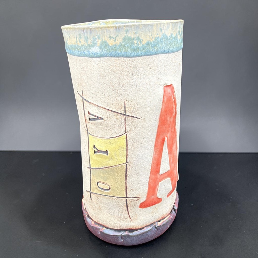 Michael Terra Cottage Ceramics Pottery Vase Red Letter A Joy Whimsical 6.5inch